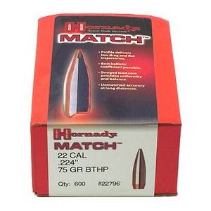 Ogives Hornady 224 - 75 Grs BTHP Match X 600 Réf. 22796.