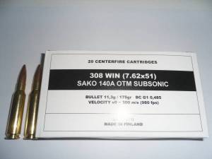 Cartouches 308 Win. SAKO OTM SUBSONIQUES 175 Grs Match.